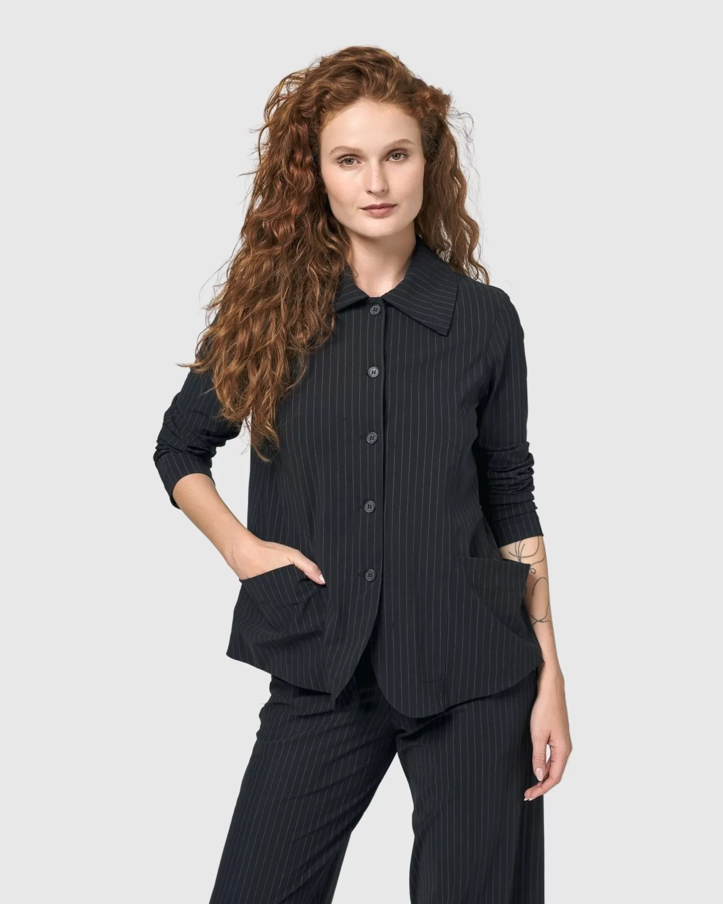 Audrey Shirt Jacket, Pinstripes | Alembika Outlet