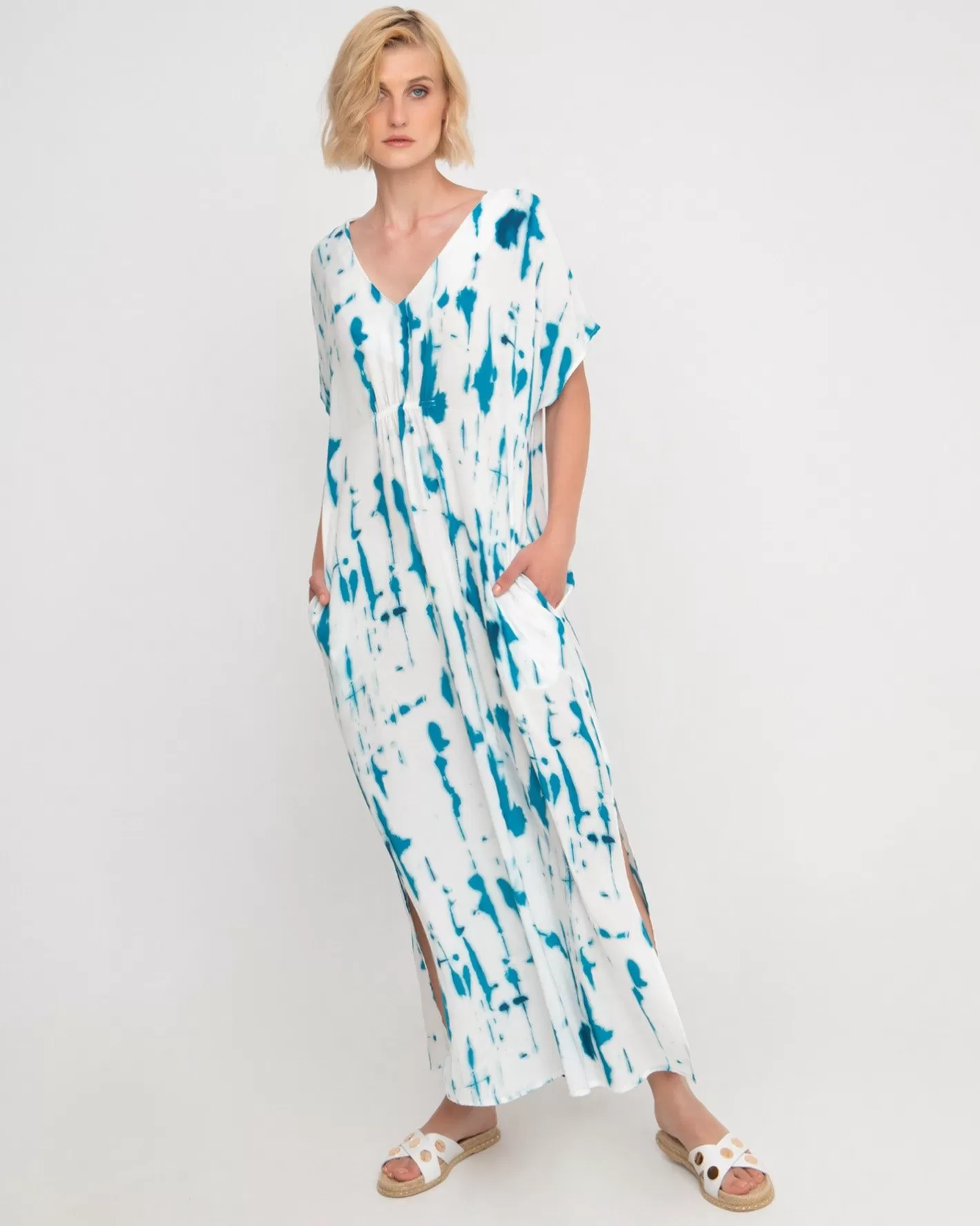 Ozai N Ku Island Relaxed Maxi Dress, White/Turquoise | Alembika Shop